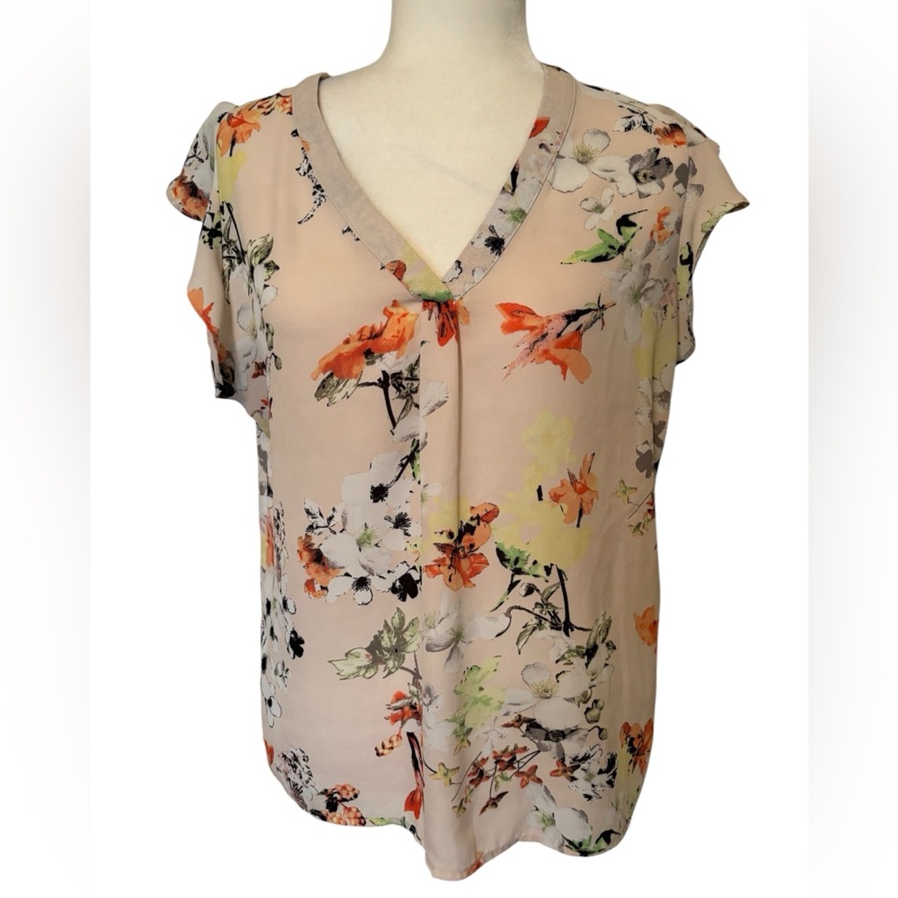 PHILOSOPHY Cream Hummingbirds Floral Design Short Sleeve Blouse Size Medium
